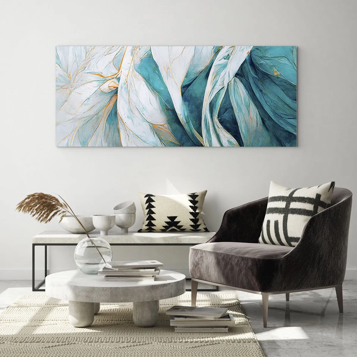 Tablou pe sticlă - Abstractul albastru cu motiv auriu - 100x40 cm