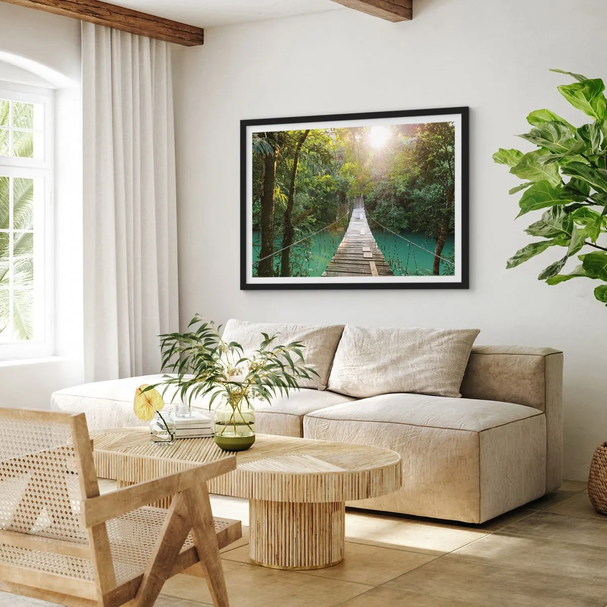 Poster în ramă neagră - Peste apa de azur spre pădurea de azur - 91x61 cm