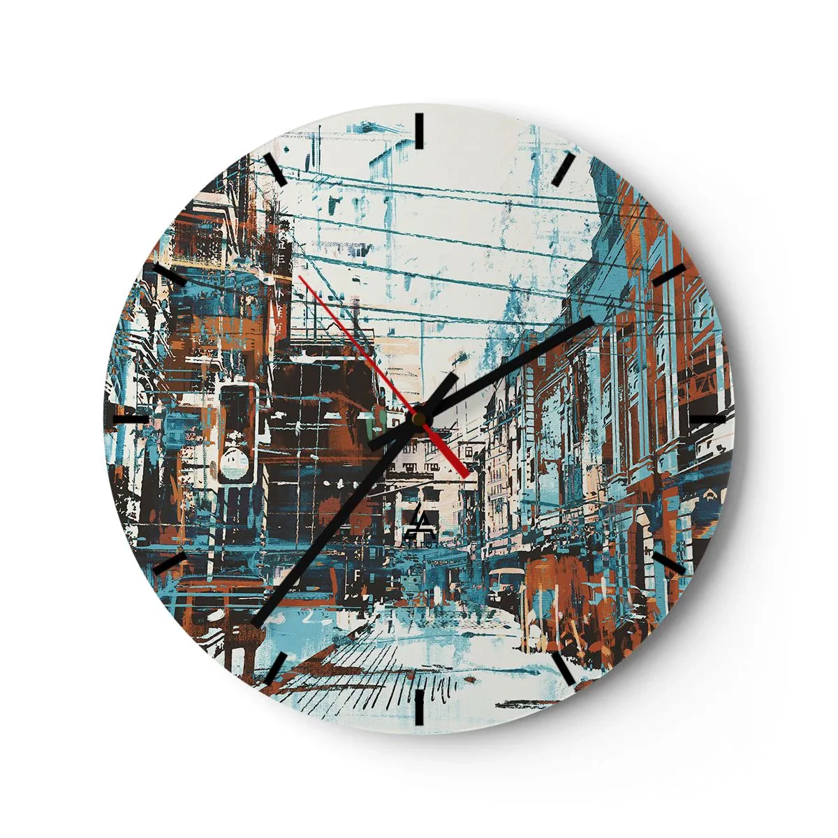 Ceas de perete - Ceas pe sticlă - Stradă abstractă a orașului în nuanțe de albastru și maro - 30x30cm - Un traseu printr-un oraș binecunoscut - Decorațiune modernă pentru perete pentru living, bucătărie și dormitor ARTTOR