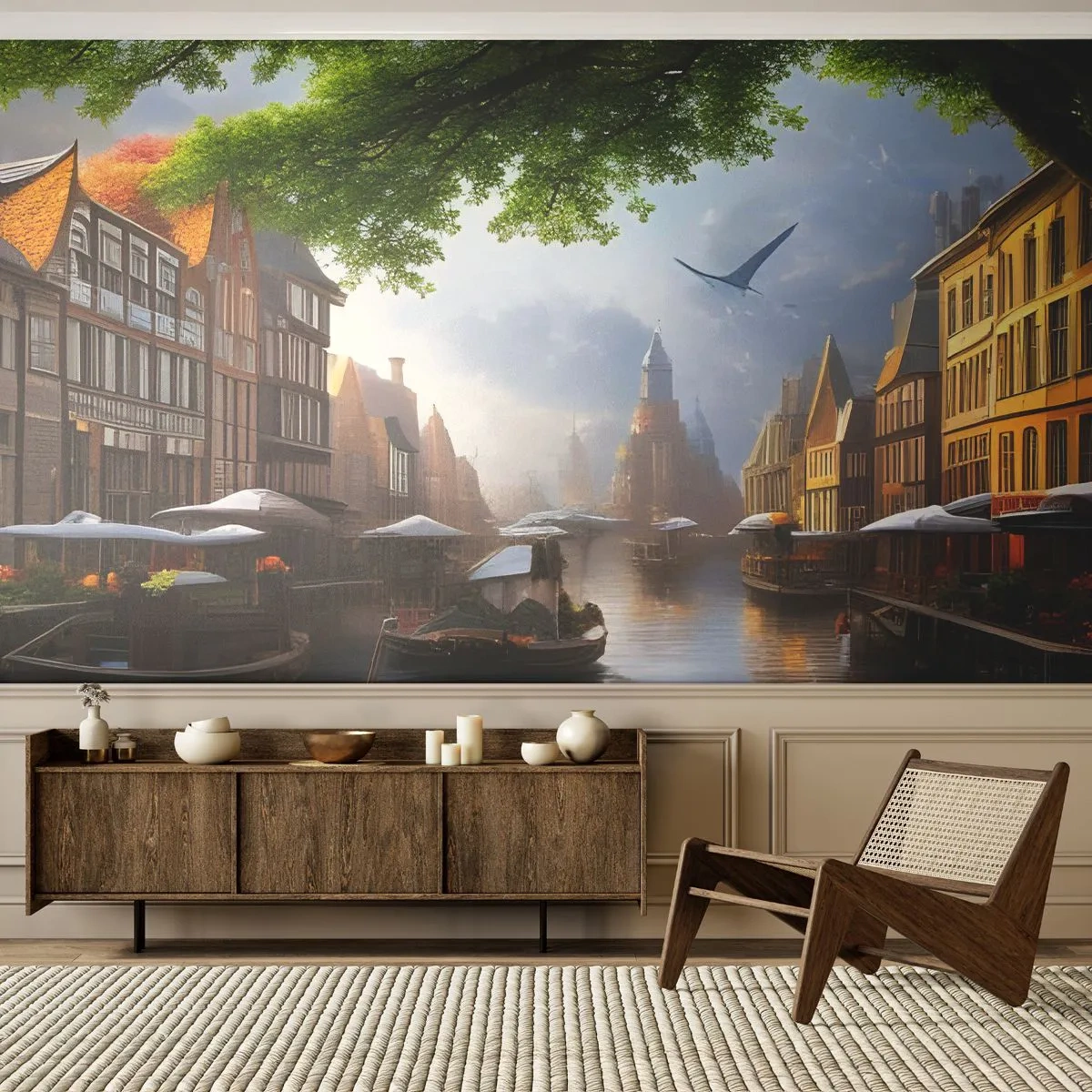 Tapet Standard Eco - Peisaj urban olandez  - Oras vechi, Bărci, Canal - 350x256 cm