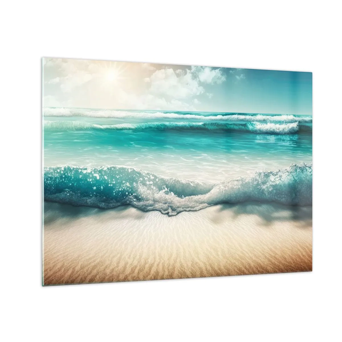 Tablou pe sticlă - Valurile oceanului turcoaz se lovesc de o plajă nisipoasă - 70x50cm - Calmul oceanului - Decorațiune modernă pentru perete pentru living și dormitor ARTTOR