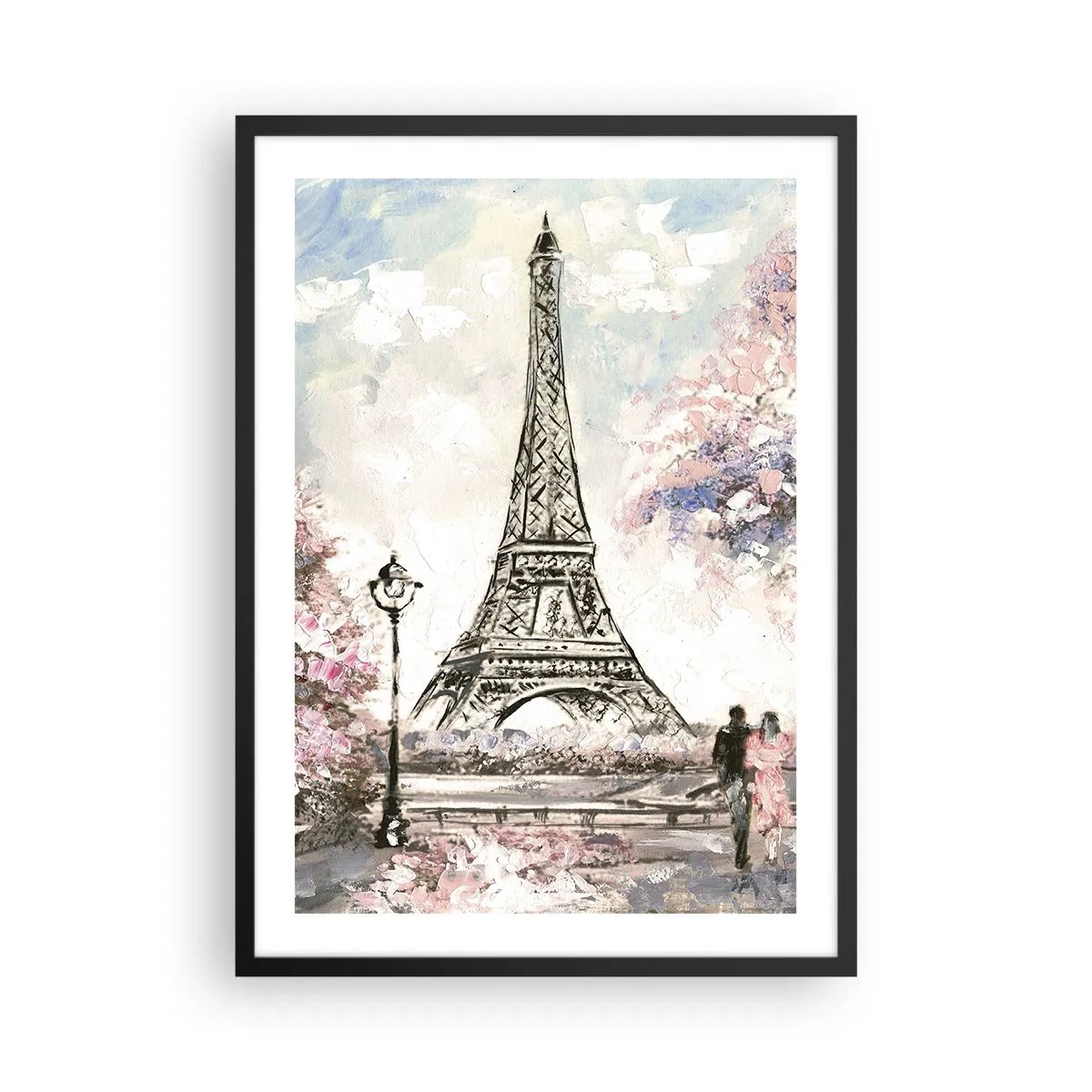Poster în ramă neagră - Turnul Eiffel cu un peisaj romantic în culori pastelate - 50x70cm - Plimbare în aprilie la Paris - Decorațiune modernă pentru perete pentru living și dormitor ARTTOR