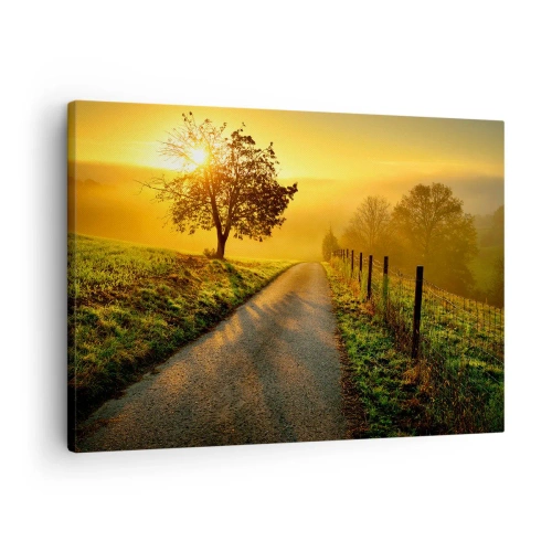 Tablou pe pânză Canvas - Un drum pitoresc la apus, cu un copac singuratic în fundal - 70x50cm - O după-amiază de miel - Decorațiune modernă pentru perete pentru living și dormitor ARTTOR