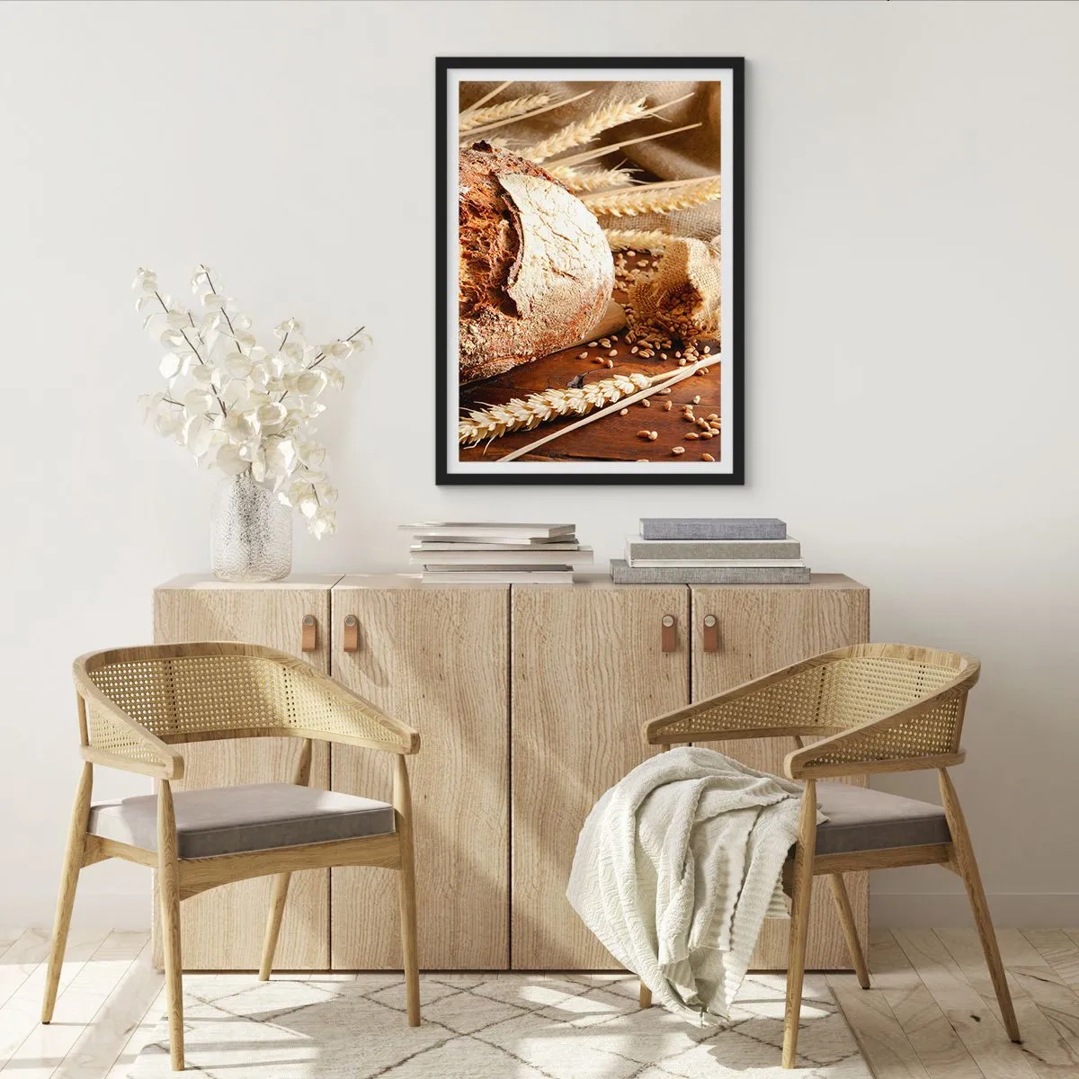 Poster în ramă neagră - Pâine pe o masă de lemn cu spice de grâu - 50x70cm - Apetisantă, parfumată, crocantă - Decorațiune modernă pentru perete pentru living și dormitor ARTTOR