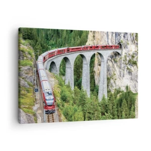 Tablou pe pânză Canvas - Un tren pe un viaduct pitoresc într-un peisaj muntos - 70x50cm - Cu trenul prin munți - Decorațiune modernă pentru perete pentru living și dormitor ARTTOR