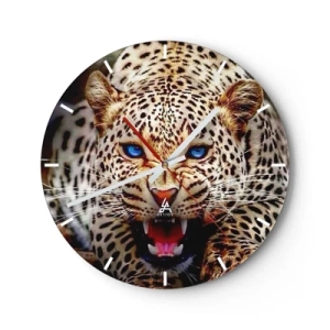 Ceas de perete - Ceas pe sticlă - Un leopard amenințător cu ochi albaștri pe fundalul naturii - 30x30cm - Furie pură - Decorațiune modernă pentru perete pentru living, bucătărie și dormitor ARTTOR
