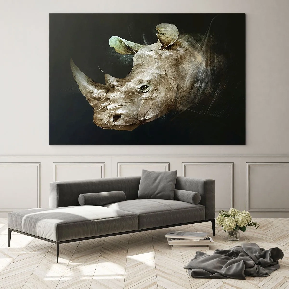Tablou pe sticlă - Reprezentare artistică a unui cap de rinocer pe un fundal întunecat - 70x50cm - Adevărata putere masculină - Decorațiune modernă pentru perete pentru living și dormitor ARTTOR
