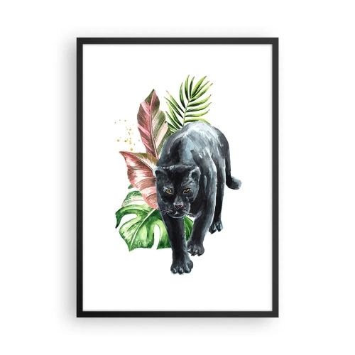 Poster în ramă neagră - Panteră neagră pe un fundal de frunze tropicale - 50x70cm - Sălbăticia inimii - Decorațiune modernă pentru perete pentru living și dormitor ARTTOR