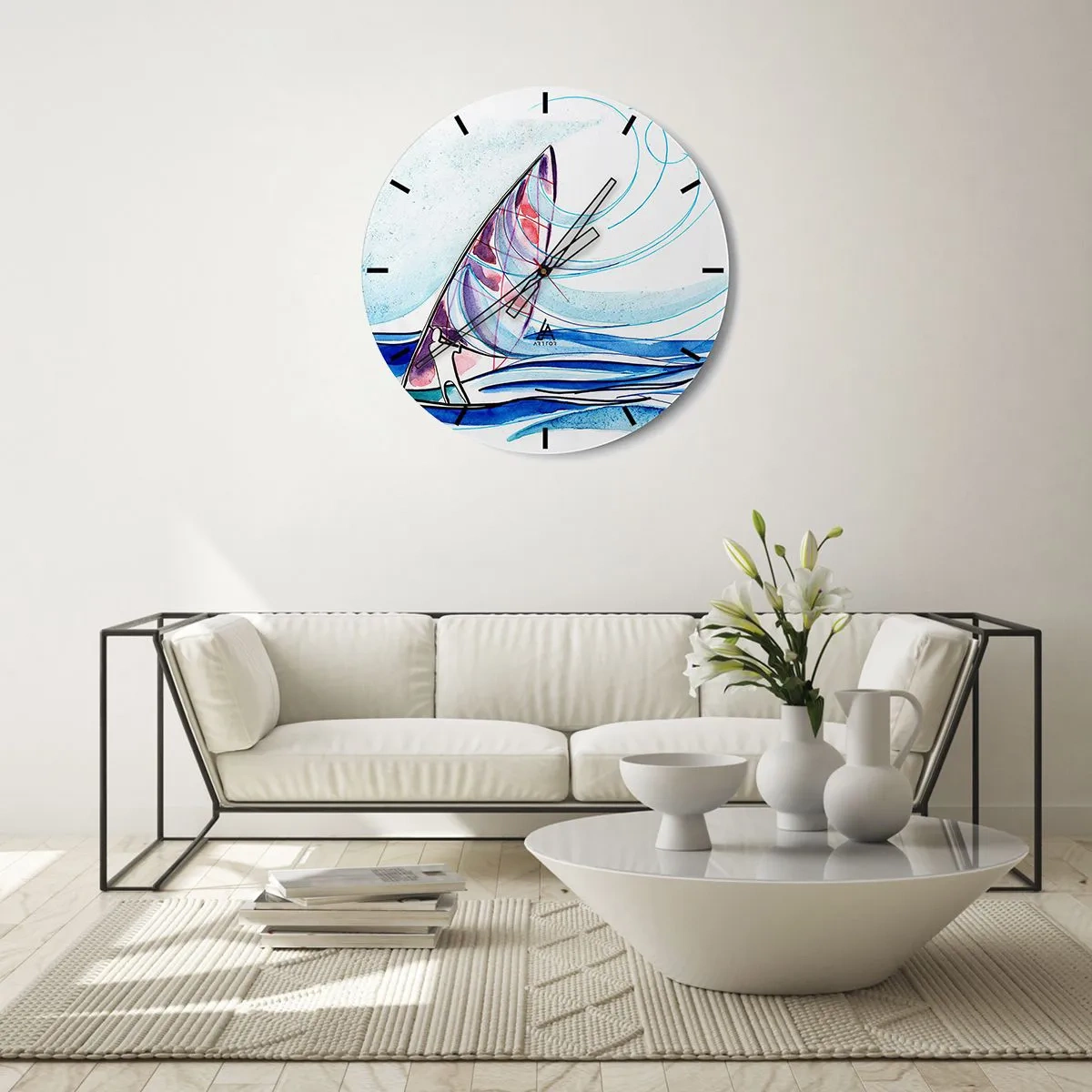 Ceas de perete - Ceas pe sticlă - O barcă cu pânze pe o mare furtunoasă, într-o formă dinamică și abstractă - 30x30cm - Cu vântul în ritmul valurilor - Decorațiune modernă pentru perete pentru living, bucătărie și dormitor ARTTOR