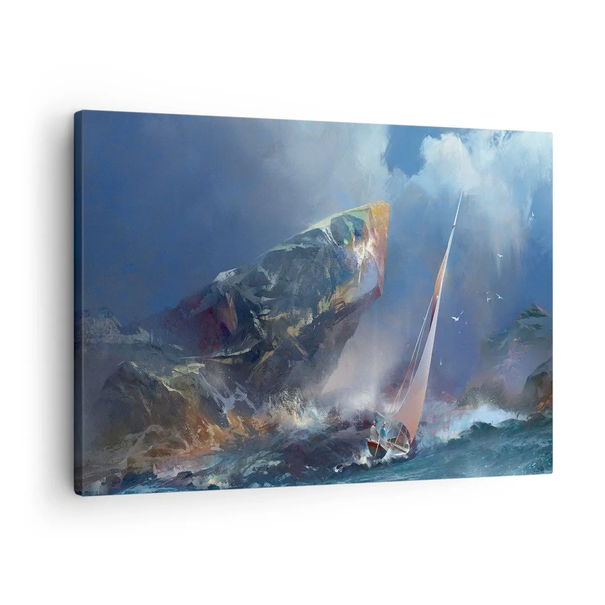 Tablou pe pânză Canvas - O barcă cu pânze în furtună la poalele unei stânci masive - 70x50cm - Cine îndrăznește, câștigă - Decorațiune modernă pentru perete pentru living și dormitor ARTTOR
