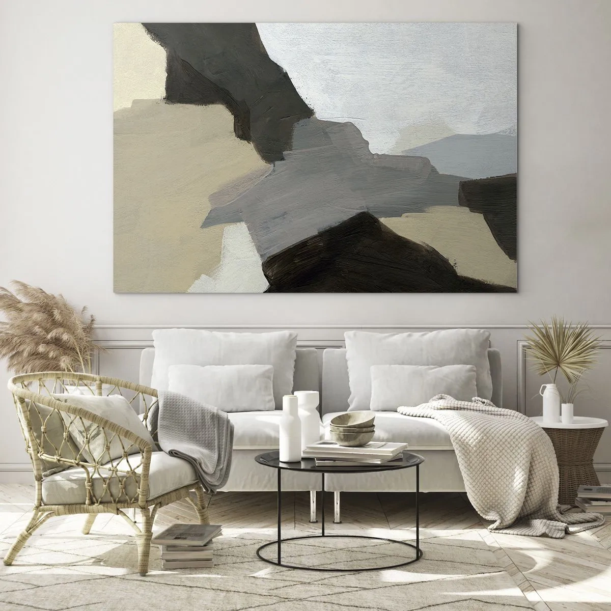Tablou pe sticlă - O compoziție abstractă modernă în nuanțe de gri - 70x50cm - Abstracție: despărțirile griului - Decorațiune modernă pentru perete pentru living și dormitor ARTTOR
