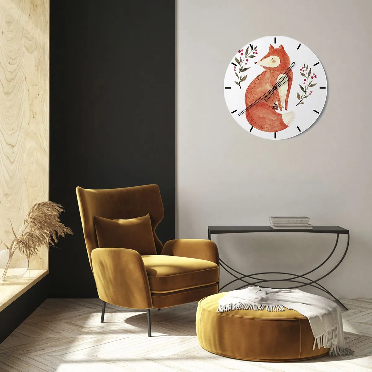 Ceas de perete - Ceas pe sticlă - Ilustrație a unei vulpi roșii înconjurate de crenguțe cu fructe de pădure - 30x30cm - Micuțul roșcat - Decorațiune modernă pentru perete pentru living, bucătărie și dormitor ARTTOR