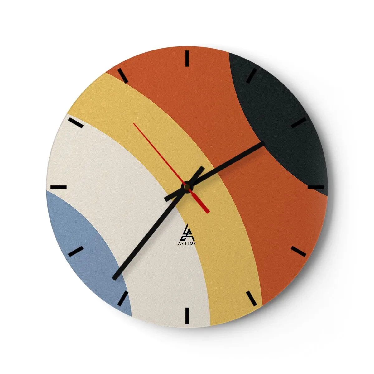Ceas de perete - Ceas pe sticlă - Arcuri geometrice în nuanțe de portocaliu, bej și albastru - 30x30cm - Spre sine - Decorațiune modernă pentru perete pentru living, bucătărie și dormitor ARTTOR