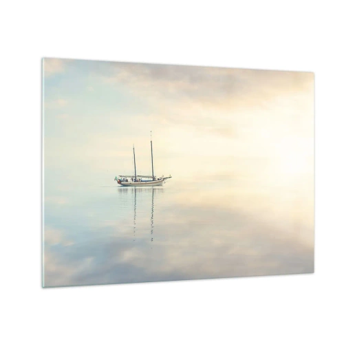 Tablou pe sticlă - O barcă cu pânze plutind pe o mare calmă în zori - 70x50cm - În tăcerea mării - Decorațiune modernă pentru perete pentru living și dormitor ARTTOR