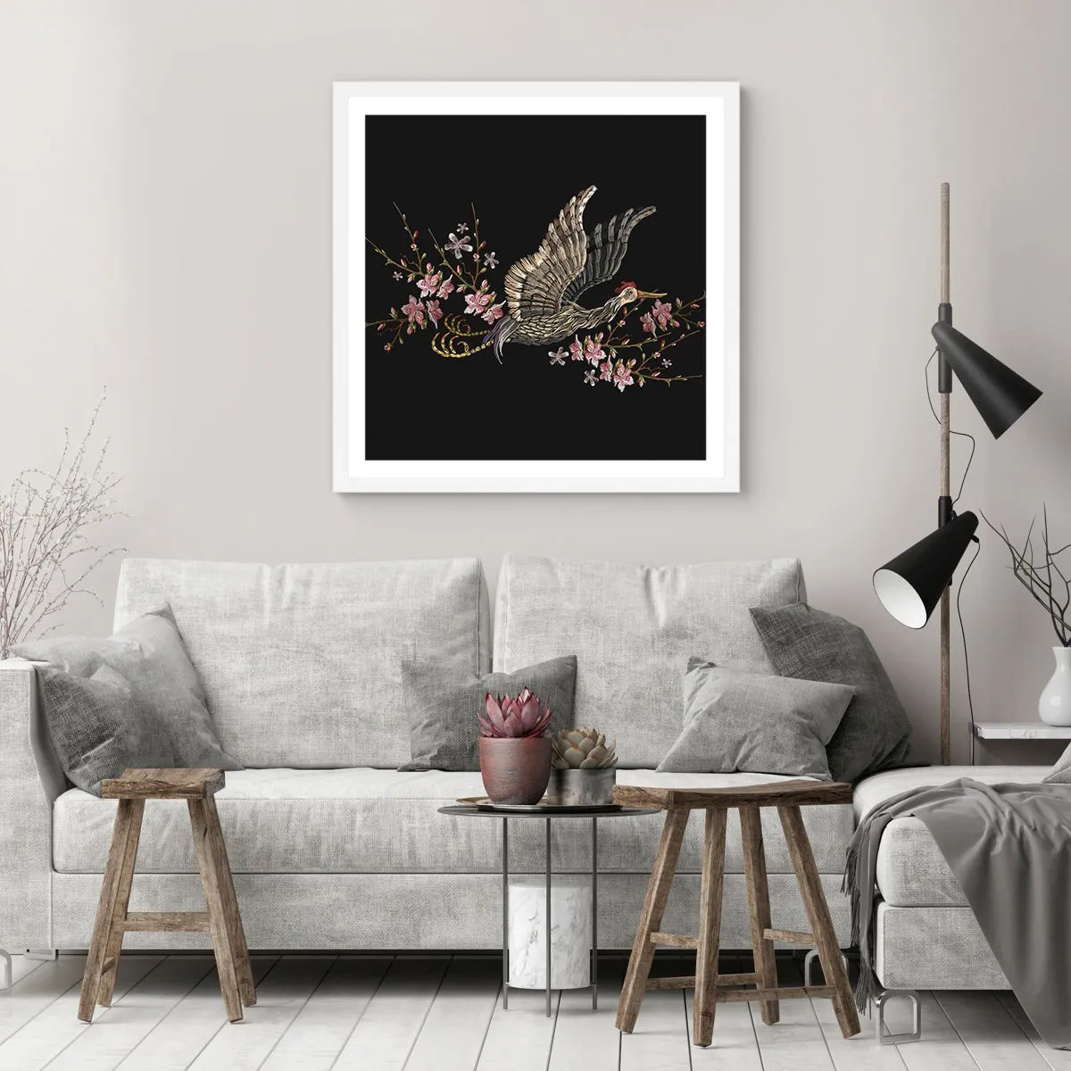 Poster în ramă albă - Pasăre exotică brodată - 40x40 cm