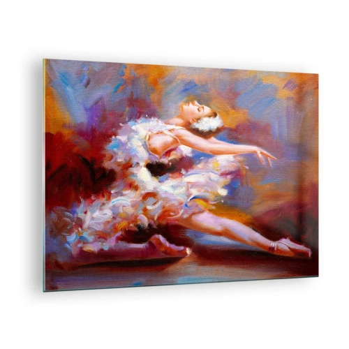 Tablou pe sticlă - O balerină într-o poză dinamică pe un fundal de culori abstracte. - 70x50cm - Harul lebedei - Decorațiune modernă pentru perete pentru living și dormitor ARTTOR