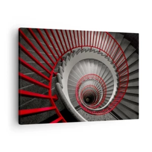 Tablou pe pânză Canvas - Scară spiralată cu balustrade roșii într-o perspectivă dinamică - 70x50cm - Jocuri arhitecturale - Decorațiune modernă pentru perete pentru living și dormitor ARTTOR