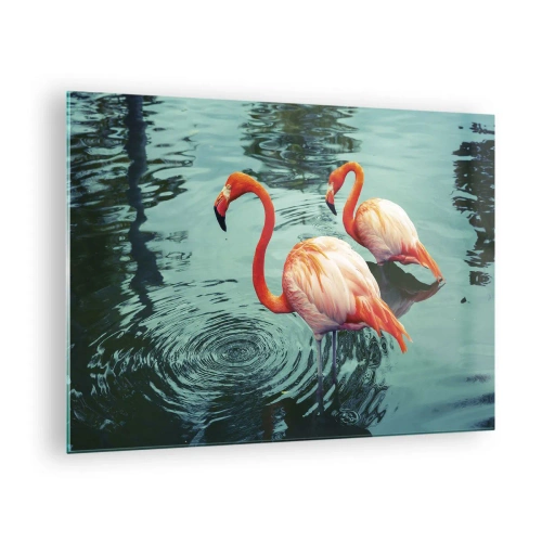 Tablou pe sticlă - Flamingo pe apă într-o compoziție armonioasă - 70x50cm - Suntem bune de revistele de modă - Decorațiune modernă pentru perete pentru living și dormitor ARTTOR