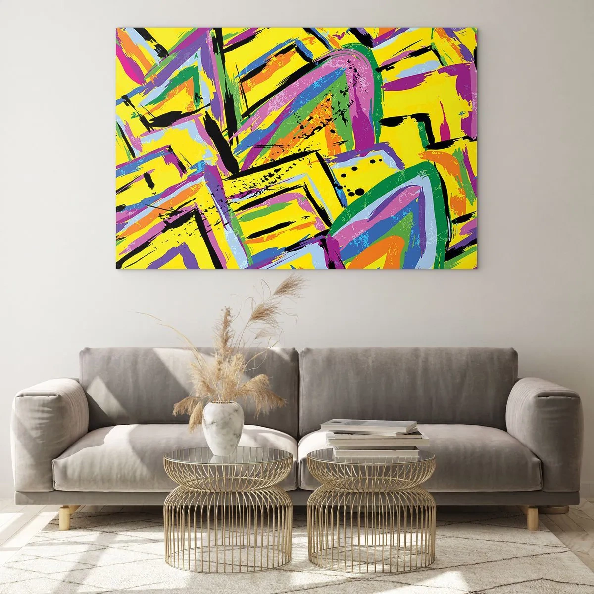 Tablou pe sticlă - Abstracție intensă în culori strălucitoare pe un fundal galben - 70x50cm - Strigă de bucurie - Decorațiune modernă pentru perete pentru living și dormitor ARTTOR