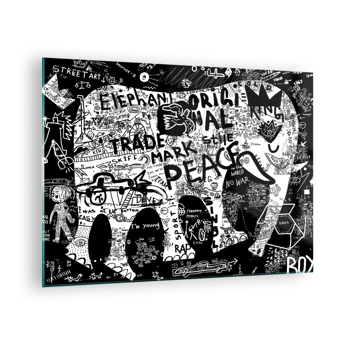 Tablou pe sticlă - Imagine graffiti alb-negru cu teme de pace și libertate - 70x50cm - Lumea bogată a străzii - Decorațiune modernă pentru perete pentru living și dormitor ARTTOR