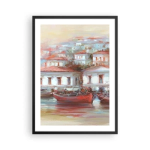 Poster în ramă neagră - Un oraș colorat cu bărci pe țărm - 50x70cm - Orășel fericit - Decorațiune modernă pentru perete pentru living și dormitor ARTTOR