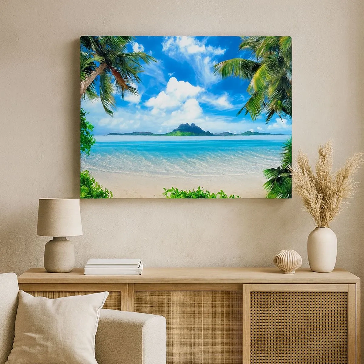 Tablou pe pânză Canvas - Plajă tropicală cu palmieri și vedere la o insulă - 70x50cm - Azur de la tropice - Decorațiune modernă pentru perete pentru living și dormitor ARTTOR