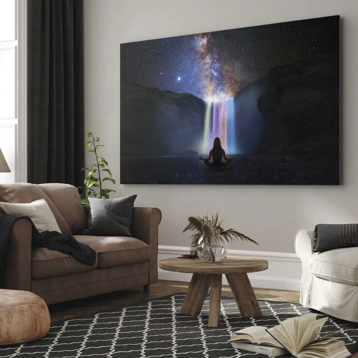 Tablou pe pânză Canvas - Meditație în fața unei cascade printre stele - 70x50cm - Armonie absolută - Decorațiune modernă pentru perete pentru living și dormitor ARTTOR