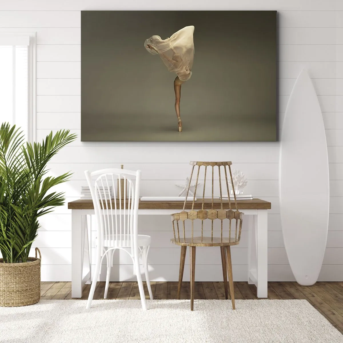 Tablou pe pânză Canvas - O dansatoare plutind în aer cu material textil - 70x50cm - Pe cale să zboare - Decorațiune modernă pentru perete pentru living și dormitor ARTTOR