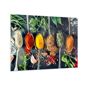 Tablou pe sticlă - Condimente colorate în linguri înconjurate de ierburi și legume proaspete - 70x50cm - Magie culinară - Decorațiune modernă pentru perete pentru living și dormitor ARTTOR