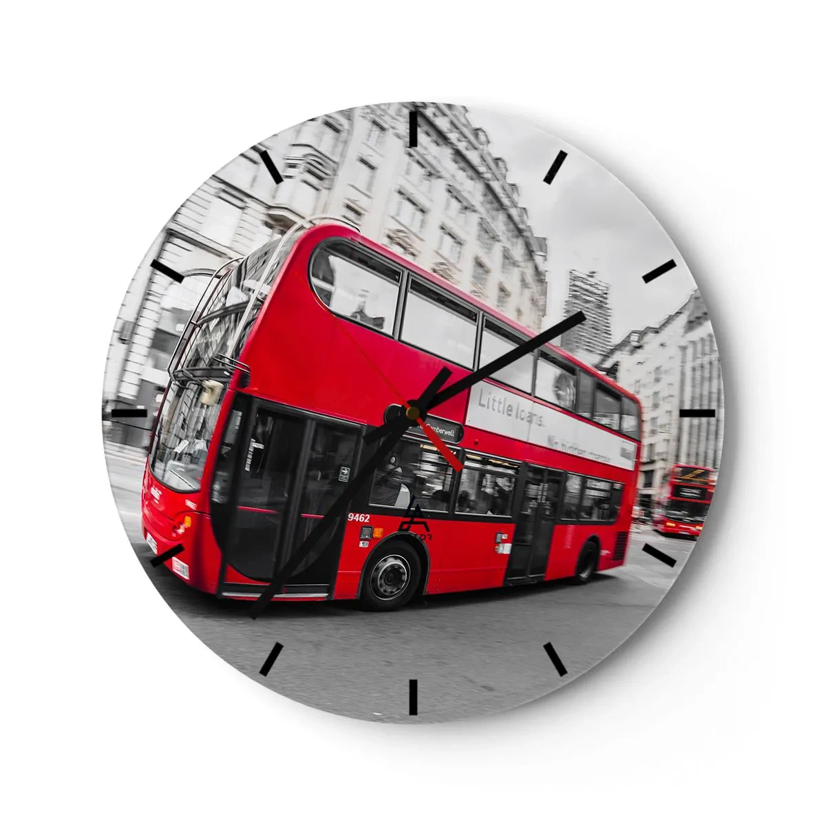 Ceas de perete - Ceas pe sticlă - Un autobuz roșu în Londra cu clădiri istorice în fundal - 30x30cm - Londra în mod tradițional - by bus - Decorațiune modernă pentru perete pentru living, bucătărie și dormitor ARTTOR