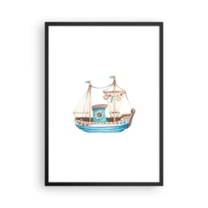 Poster în ramă neagră - Navă în acuarelă în nuanțe pastelate de albastru și bej - 50x70cm - Ahoy aventura! - Decorațiune modernă pentru perete pentru living și dormitor ARTTOR