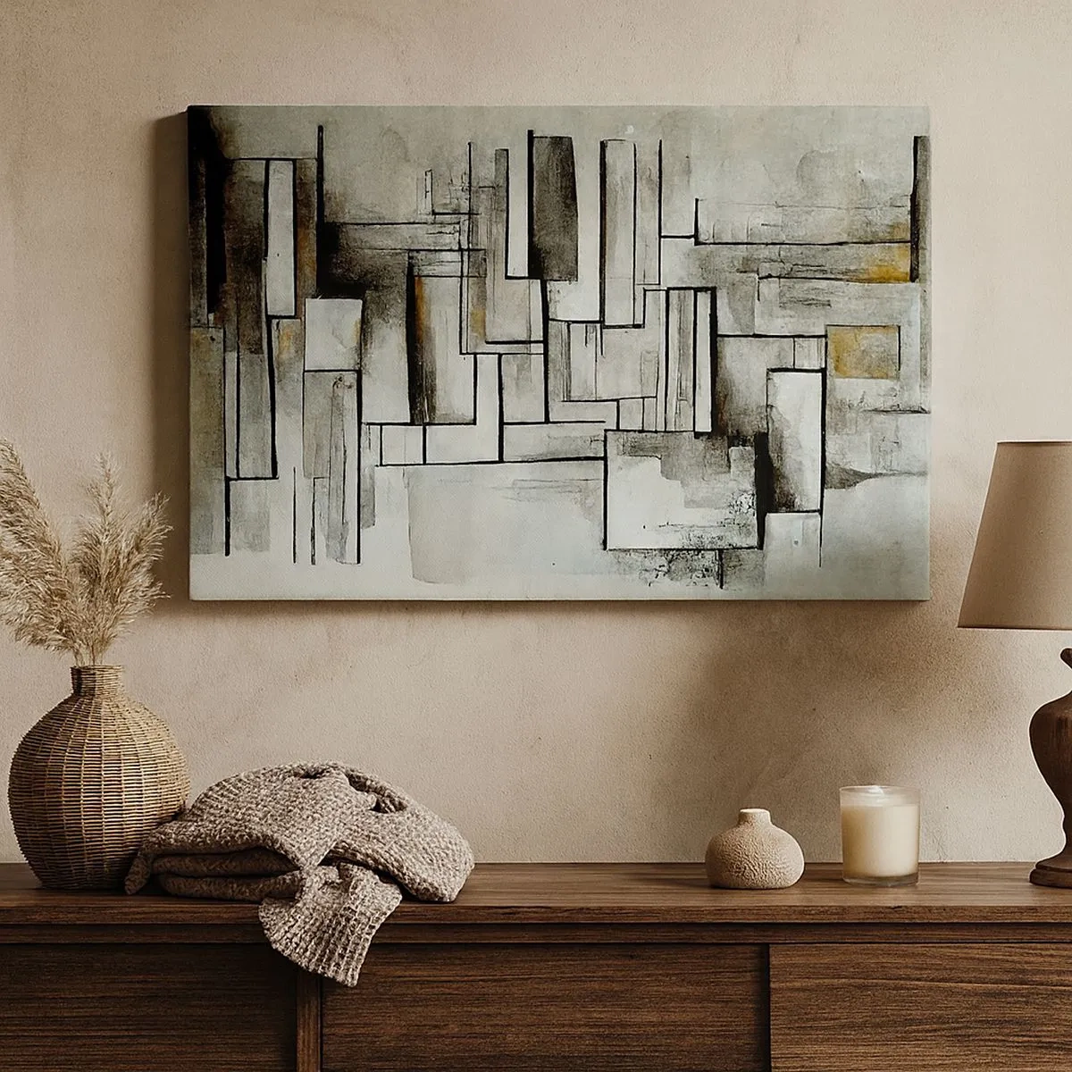 Tablou pe pânză Canvas - Dreptunghiuri abstracte în nuanțe de gri și negru - 70x50cm - Puterea simplității - Decorațiune modernă pentru perete pentru living și dormitor ARTTOR
