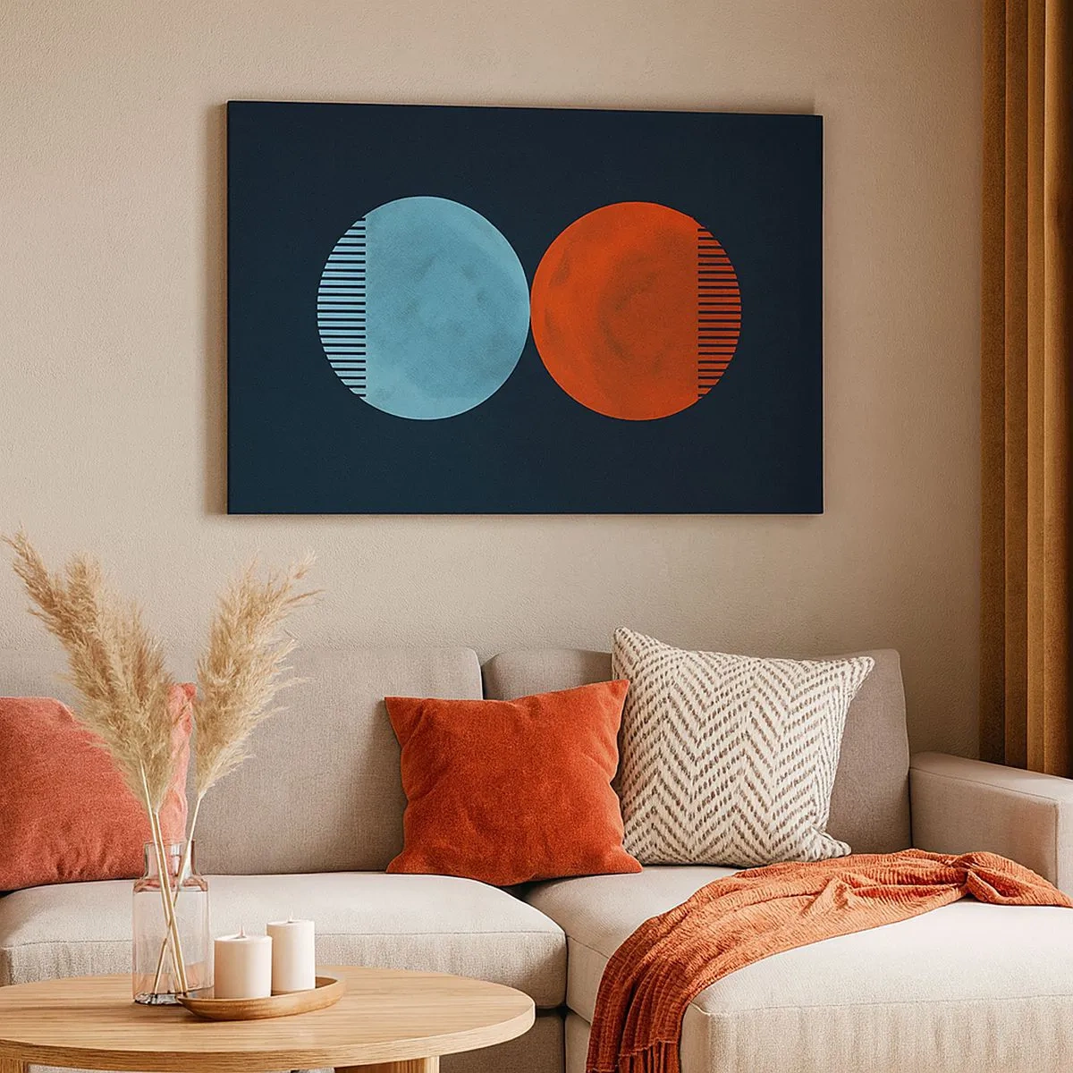 Tablou pe pânză Canvas - Design minimalist cu două roți în albastru și portocaliu - 70x50cm - Doar geometrie? - Decorațiune modernă pentru perete pentru living și dormitor ARTTOR