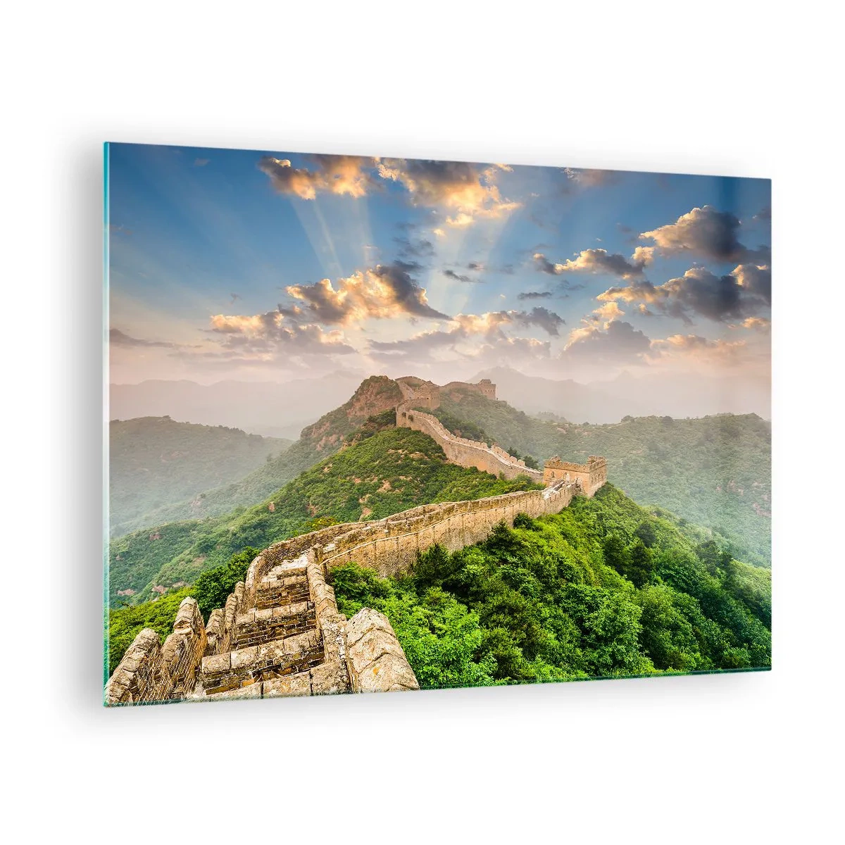 Tablou pe sticlă - Marele Zid Chinezesc într-un peisaj muntos - 70x50cm - Măreția netrecătoare - Decorațiune modernă pentru perete pentru living și dormitor ARTTOR