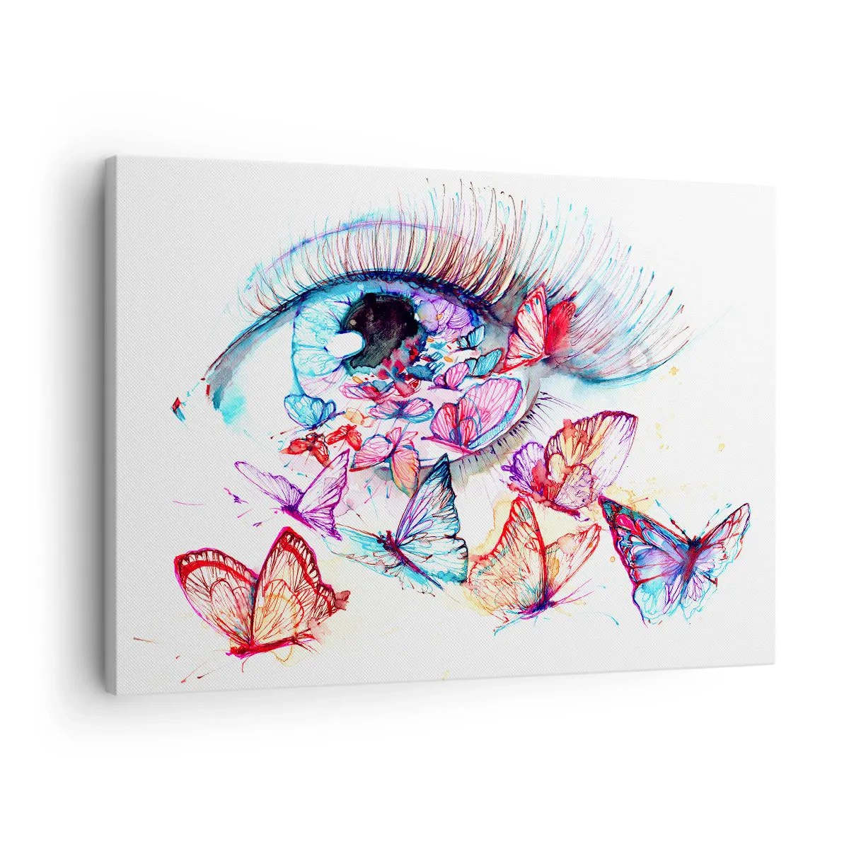 Tablou pe pânză Canvas - Un ochi în acuarelă înconjurat de fluturi colorați - 70x50cm - Ochi de basm - Decorațiune modernă pentru perete pentru living și dormitor ARTTOR