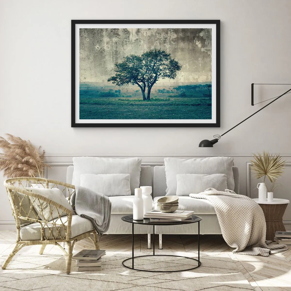 Poster în ramă neagră - Un măr pe o pajiște albastră? - 70x50 cm