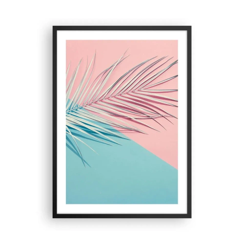 Poster în ramă neagră - Un palmier pe un fundal de culori pastelate roz și albastru - 50x70cm - Impresie tropicală - Decorațiune modernă pentru perete pentru living și dormitor ARTTOR