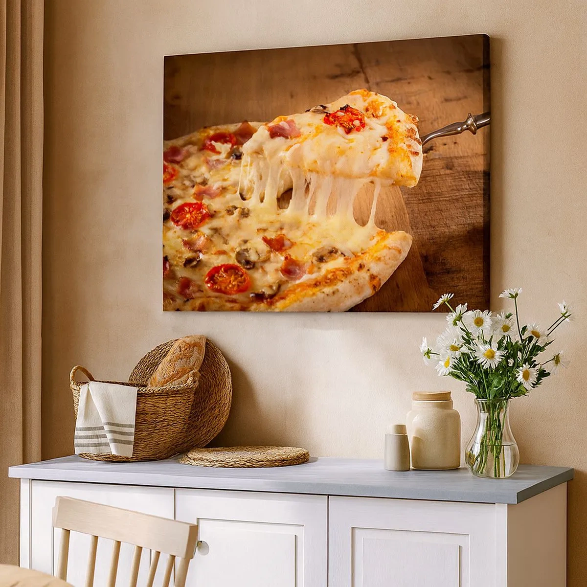 Tablou pe pânză Canvas - Pizza cu brânză filată - 70x50cm - O capodoperă a artei italiene - Decorațiune modernă pentru perete pentru living și dormitor ARTTOR