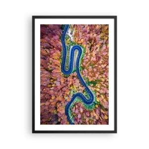 Poster în ramă neagră - Un drum șerpuitor într-o pădure de toamnă văzut din perspectiva unei păsări - 50x70cm - Un drum șerpuit prin pădure - Decorațiune modernă pentru perete pentru living și dormitor ARTTOR