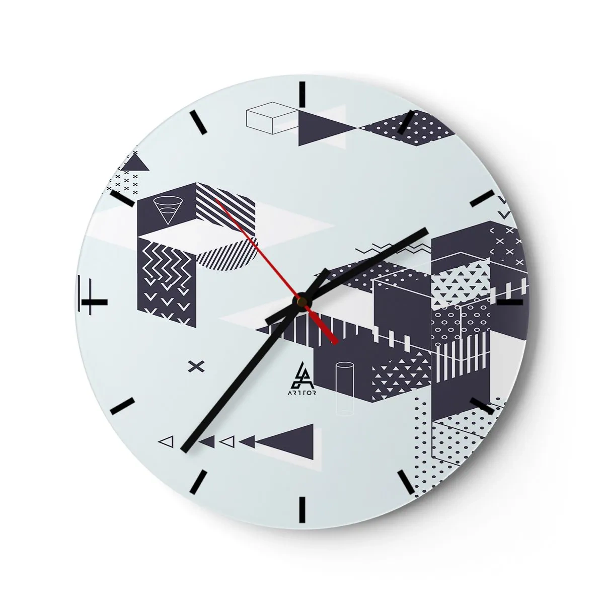 Ceas de perete - Ceas pe sticlă - Modele geometrice în alb și negru - 30x30cm - În sufletul matematicii - Decorațiune modernă pentru perete pentru living, bucătărie și dormitor ARTTOR