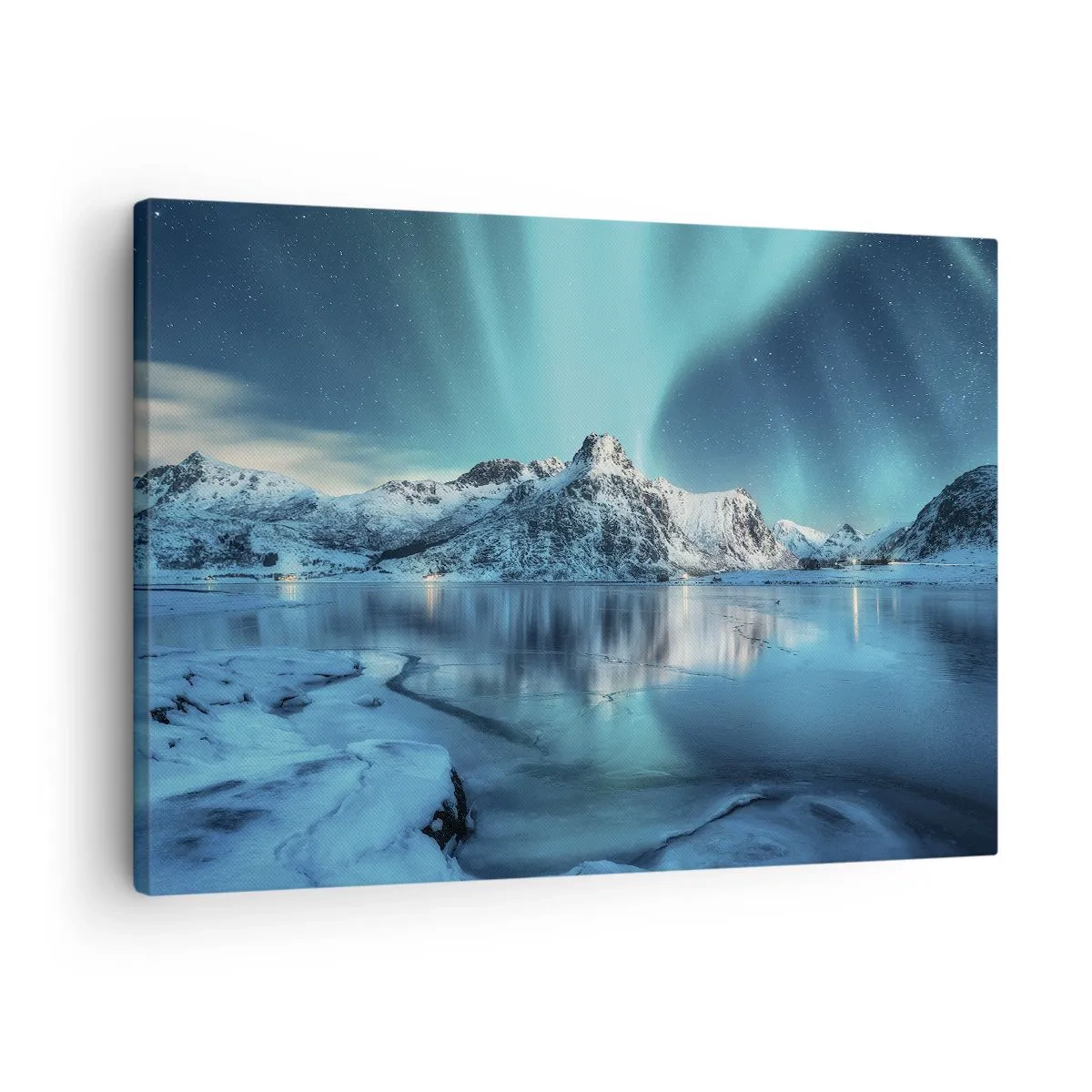 Tablou pe pânză Canvas - Aurora boreală peste munți acoperiți de zăpadă și un lac - 70x50cm - Noaptea de lumină - Decorațiune modernă pentru perete pentru living și dormitor ARTTOR