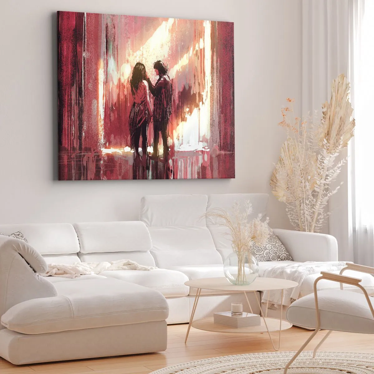 Tablou pe pânză Canvas - Un cuplu stând în lumină caldă pe un fundal de modele abstracte. - 70x50cm - Spectacolul etern al iubirii - Decorațiune modernă pentru perete pentru living și dormitor ARTTOR