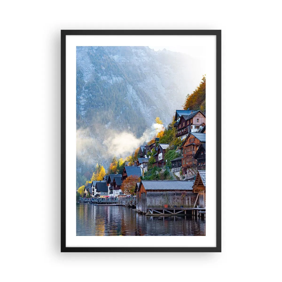 Poster în ramă neagră - Un oraș de munte lângă un lac, înconjurat de o aură de toamnă - 50x70cm - Atmosferă alpină - Decorațiune modernă pentru perete pentru living și dormitor ARTTOR