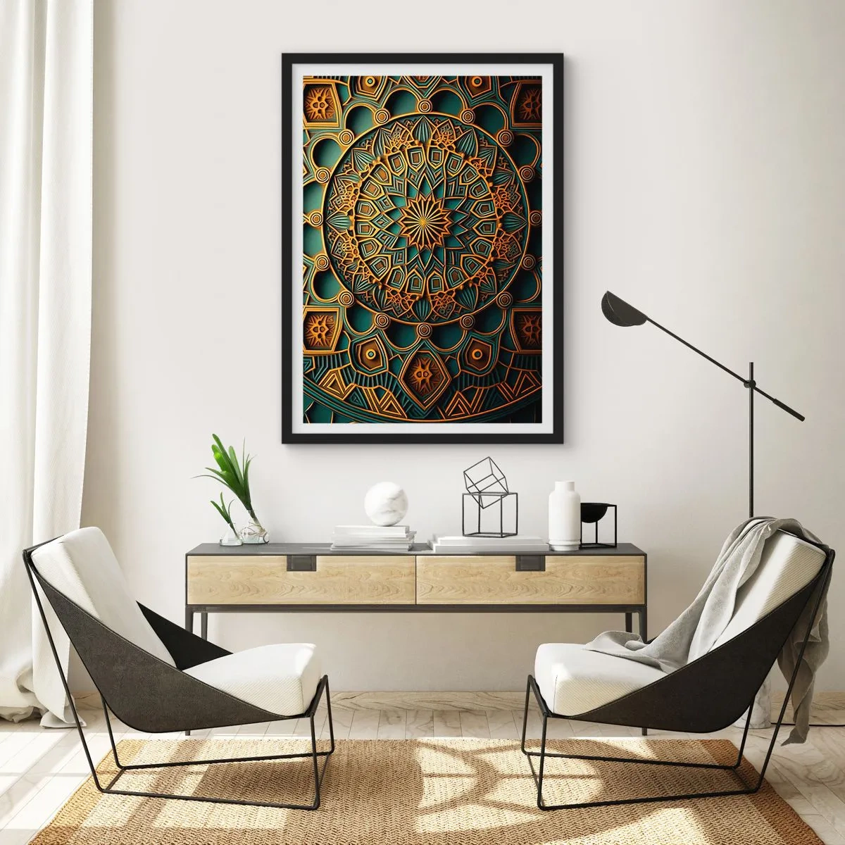 Poster în ramă neagră - Mandala aurie pe un fundal întunecat - 50x70cm - În stil arabic - Decorațiune modernă pentru perete pentru living și dormitor ARTTOR