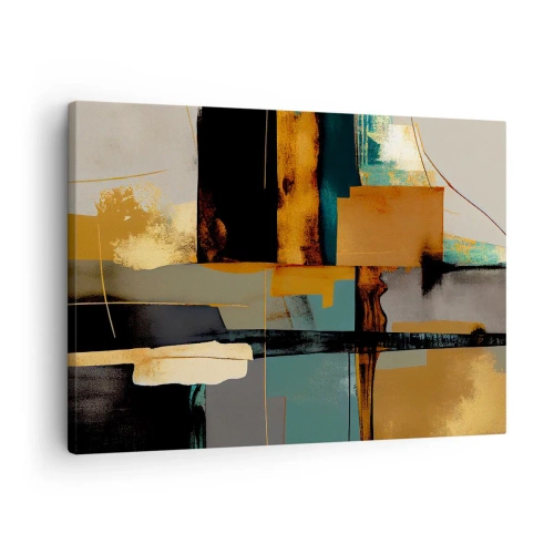Tablou pe pânză Canvas - Compoziție abstractă cu elemente aurii și turcoaz - 70x50cm - Abstracția - lumină și umbră - Decorațiune modernă pentru perete pentru living și dormitor ARTTOR