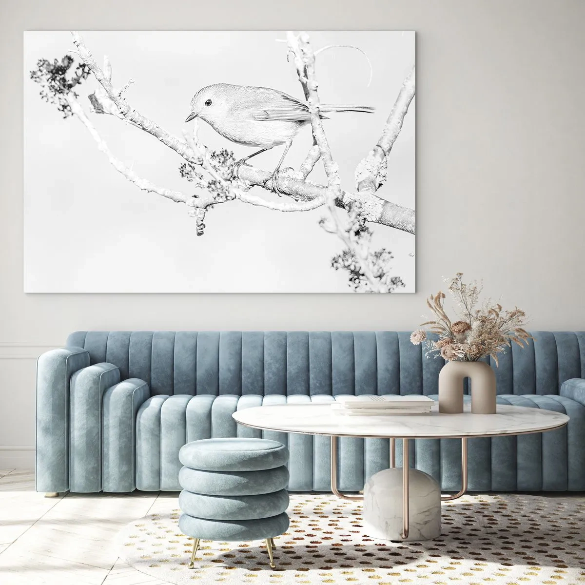Tablou pe sticlă - O pasăre cocoțată pe o creangă într-o scenă monocromatică de iarnă. - 70x50cm - Dimineață de iarnă - Decorațiune modernă pentru perete pentru living și dormitor ARTTOR