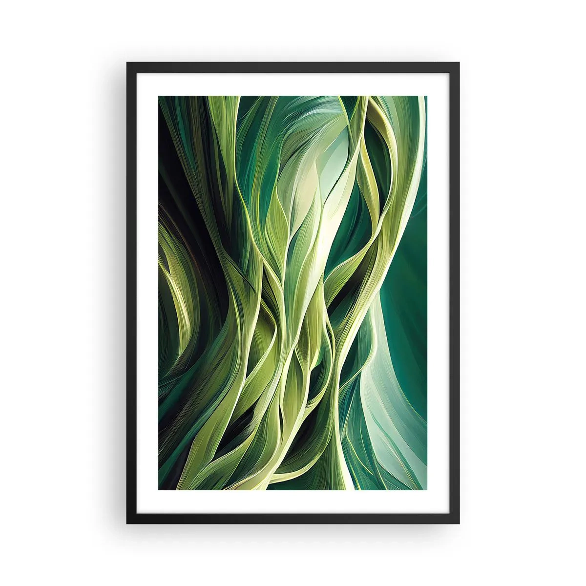 Poster în ramă neagră - O compoziție abstractă de forme organice, verzi. - 50x70cm - Un joc abstract de verde - Decorațiune modernă pentru perete pentru living și dormitor ARTTOR
