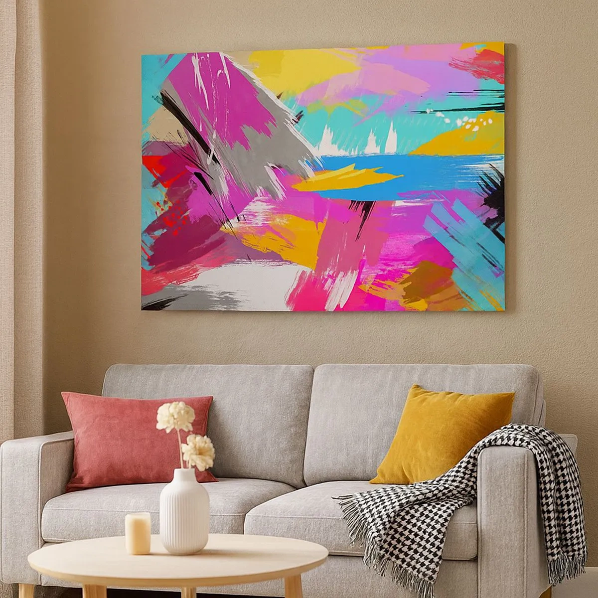 Tablou pe pânză Canvas - Abstracție dinamică în culori intense - 70x50cm - Mâzgălituri cu pensula - Decorațiune modernă pentru perete pentru living și dormitor ARTTOR