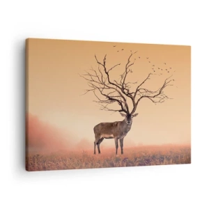 Tablou pe pânză Canvas - O grafică elegantă cu un cerb, cu ramuri în loc de coarne - 70x50cm - Cerbul străvechi - spiritul etern al pădurii - Decorațiune modernă pentru perete pentru living și dormitor ARTTOR