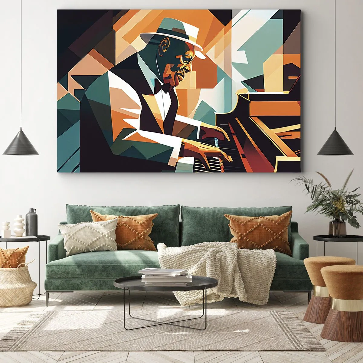Tablou pe pânză Canvas - Muzician abstract cântând la pian în culori calde. - 70x50cm - Numai jazz - Decorațiune modernă pentru perete pentru living și dormitor ARTTOR